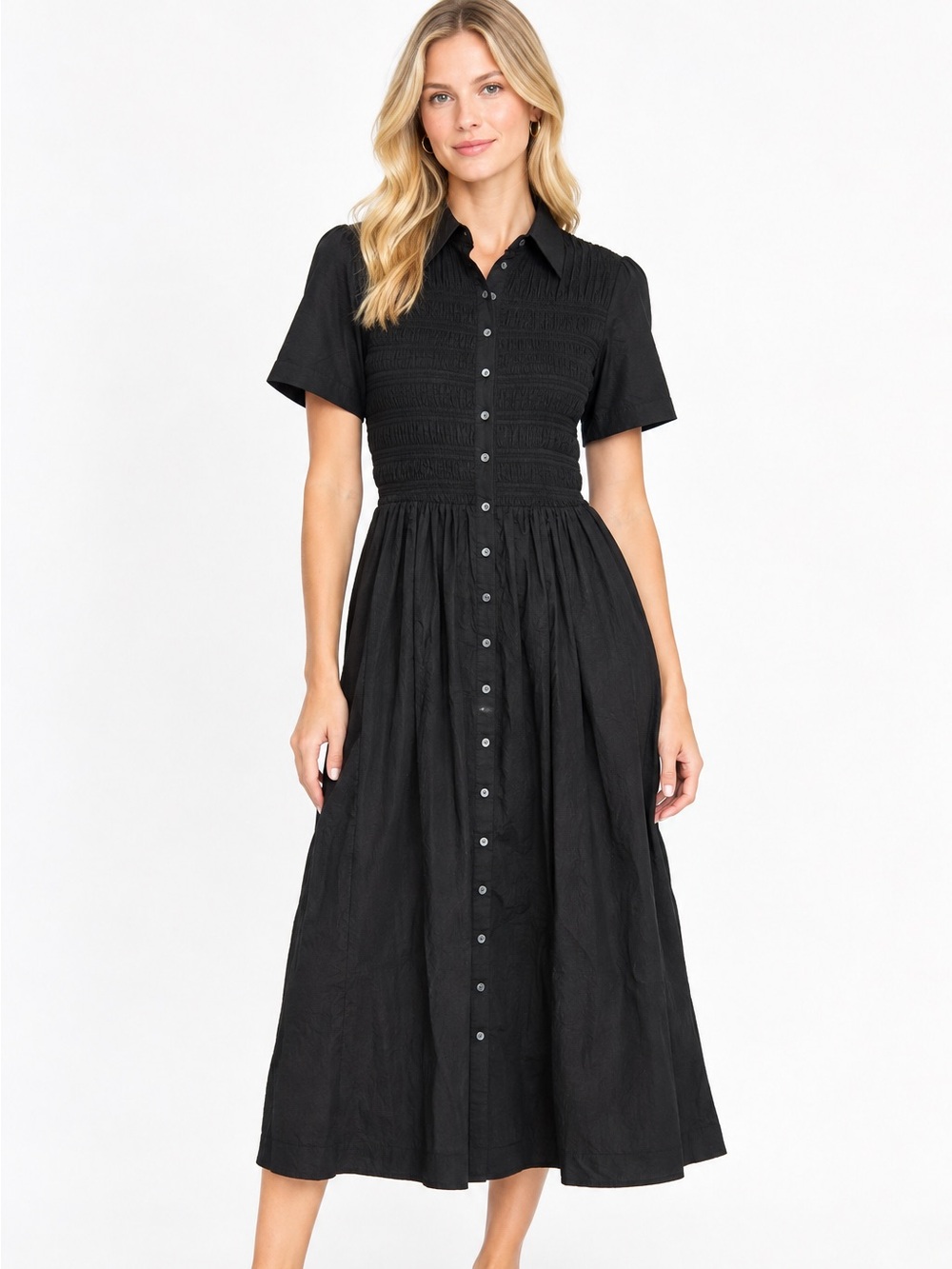 J. Crew Elsie Black Button-Front Cotton Smocked Midi Dress L